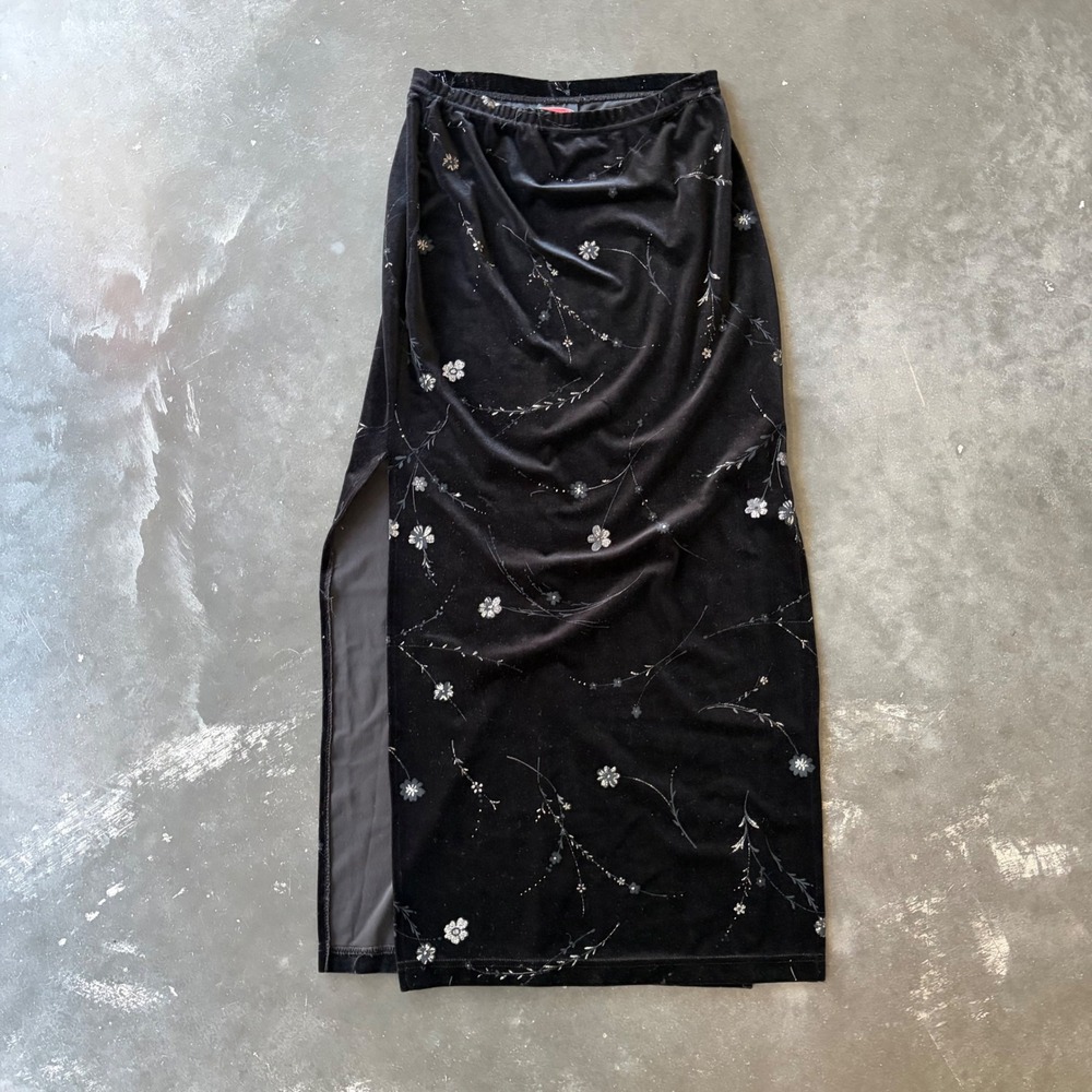 Exact Change Black Floral Velvet Maxi Skirt Side Slit Small Made in USA Vintage